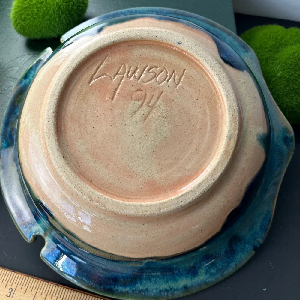 James Lawson Pottery Fish Bowl 1994 Vintage Blue Teal Drip Glaze Handcrafted Art